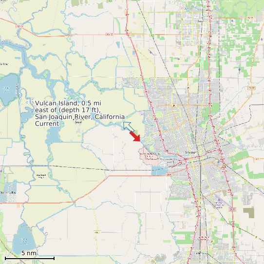 Map of Vulcan Island, 0.5 mi east of (depth 17 ft), San Joaquin River, California Current Prediction Station