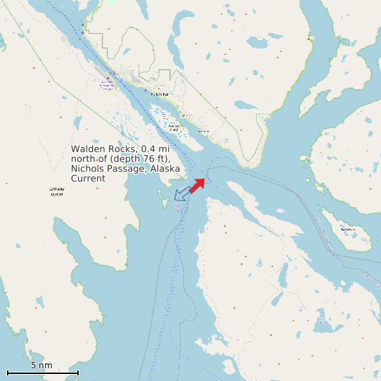 Map of Walden Rocks, 0.4 mi north of (depth 76 ft), Nichols Passage, Alaska Current Prediction Station