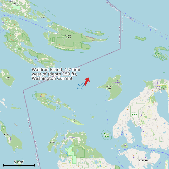 Map of Waldron Island, 1.7 nmi west of (depth 159 ft), Washington Current Prediction Station