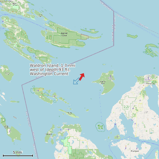 Map of Waldron Island, 1.7 nmi west of (depth 93 ft), Washington Current Prediction Station