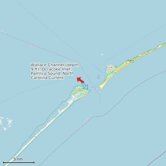 Map of Wallace Channel (depth 9 ft), Ocracoke Inlet, Pamlico Sound, North Carolina Current Prediction Station