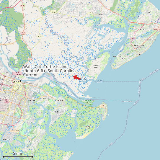 Map of Walls Cut, Turtle Island (depth 6 ft), South Carolina Current Prediction Station