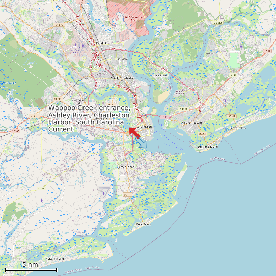 Map of Wappoo Creek entrance, Ashley River, Charleston Harbor, South Carolina Current Prediction Station