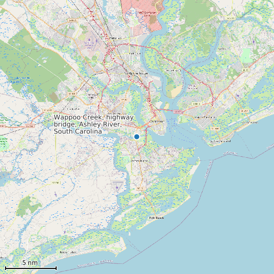 Map of Wappoo Creek, highway bridge, Ashley River, South Carolina Tide Prediction Station