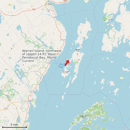 Map of Warren Island, northwest of (depth 14 ft), West Penobscot Bay, Maine Current Prediction Station