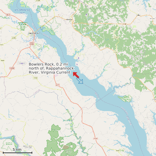 Map of Bowlers Rock, 0.2 mi north of, Rappahannock River, Virginia Current Prediction Station