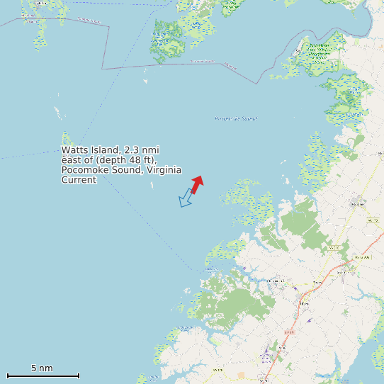 Map of Watts Island, 2.3 nmi east of (depth 48 ft), Pocomoke Sound, Virginia Current Prediction Station