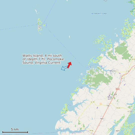 Map of Watts Island, 4 mi south of (depth 7 ft), Pocomoke Sound, Virginia Current Prediction Station