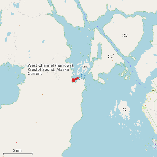 Map of West Channel (narrows), Krestof Sound, Alaska Current Prediction Station