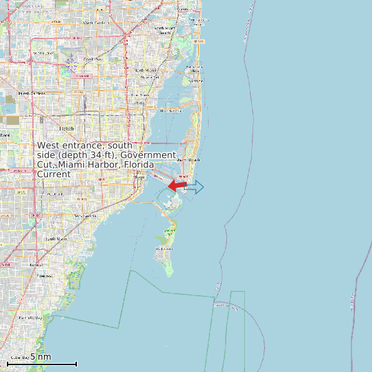 Map of West entrance, south side (depth 34 ft), Government Cut, Miami Harbor, Florida Current Prediction Station