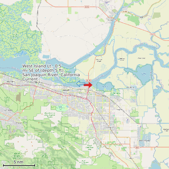 Map of West Island Lt., 0.5 mi SE of (depth 5 ft), San Joaquin River, California Current Prediction Station