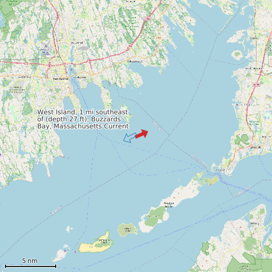 Map of West Island, 1 mi southeast of (depth 27 ft), Buzzards Bay, Massachusetts Current Prediction Station