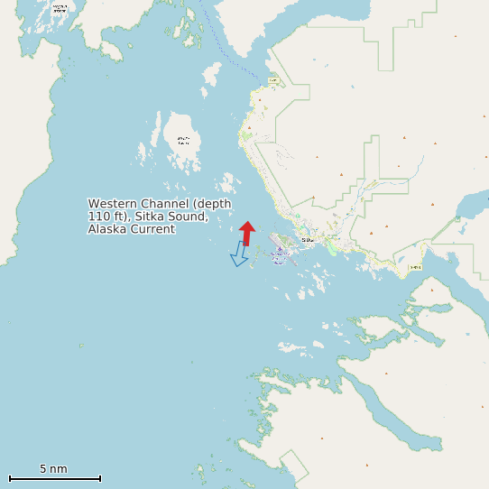 Map of Western Channel (depth 110 ft), Sitka Sound, Alaska Current Prediction Station
