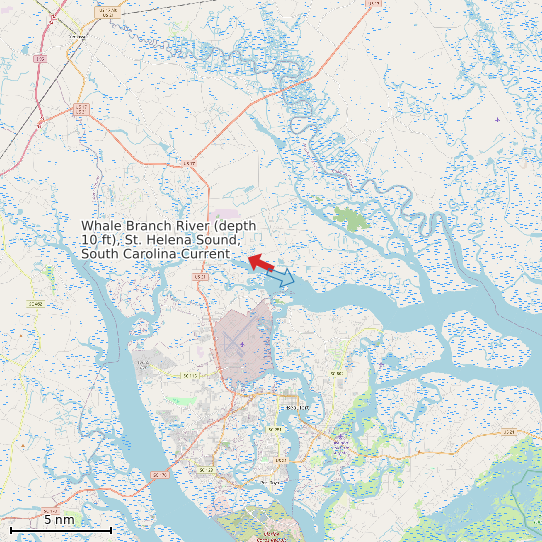 Map of Whale Branch River (depth 10 ft), St. Helena Sound, South Carolina Current Prediction Station