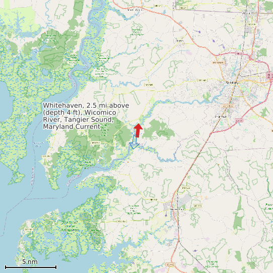 Map of Whitehaven, 2.5 mi above (depth 4 ft), Wicomico River, Tangier Sound, Maryland Current Prediction Station