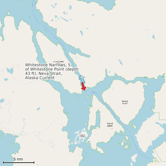 Map of Whitestone Narrows, S of Whitestone Point (depth 43 ft), Neva Strait, Alaska Current Prediction Station