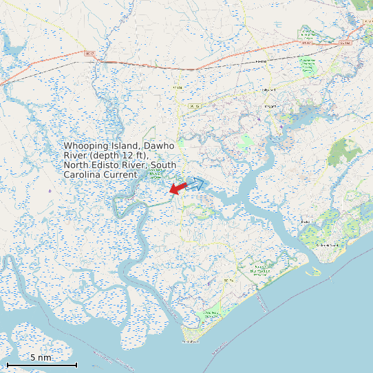 Map of Whooping Island, Dawho River (depth 12 ft), North Edisto River, South Carolina Current Prediction Station