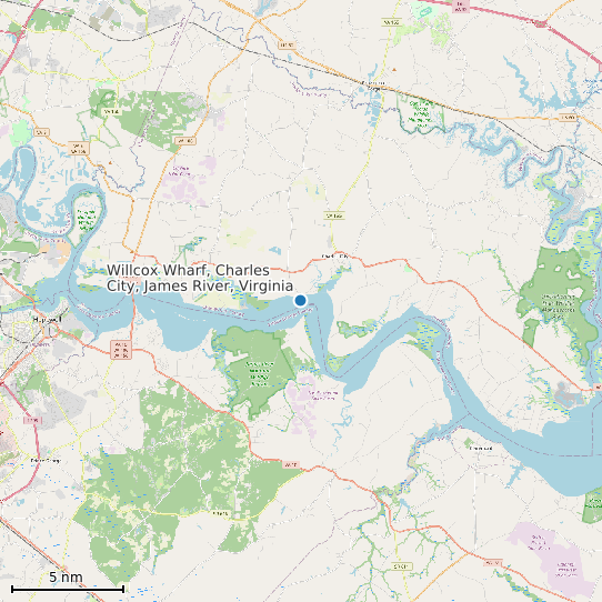 Map of Willcox Wharf, Charles City, James River, Virginia Tide Prediction Station