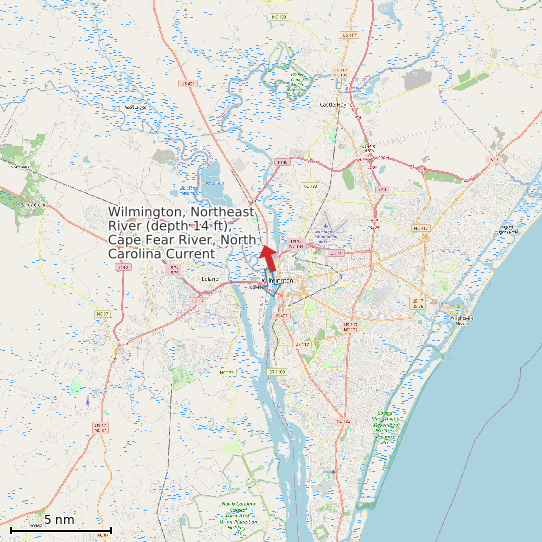 Map of Wilmington, Northeast River (depth 14 ft), Cape Fear River, North Carolina Current Prediction Station