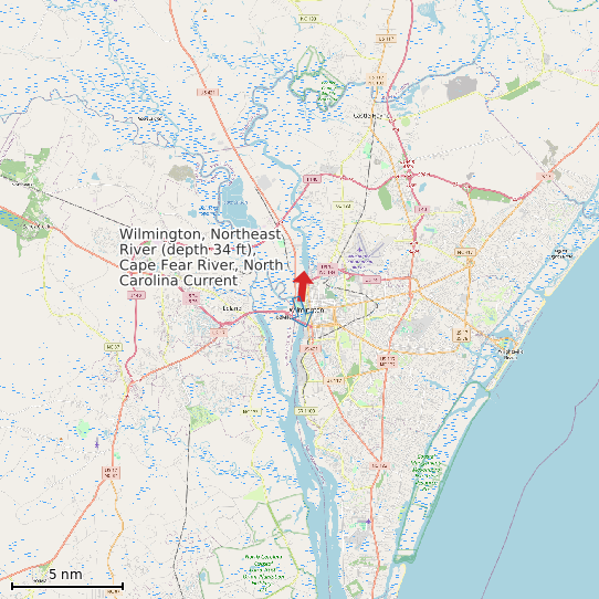 Map of Wilmington, Northeast River (depth 34 ft), Cape Fear River, North Carolina Current Prediction Station
