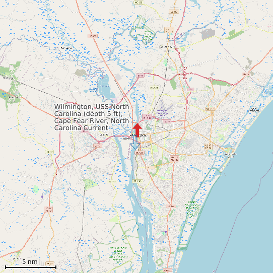 Map of Wilmington, USS North Carolina (depth 5 ft), Cape Fear River, North Carolina Current Prediction Station