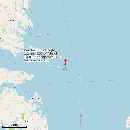 Map of Windmill Point Light, 2.2 nmi ESE of (depth 14 ft), Chesapeake Bay, Virginia Current Prediction Station