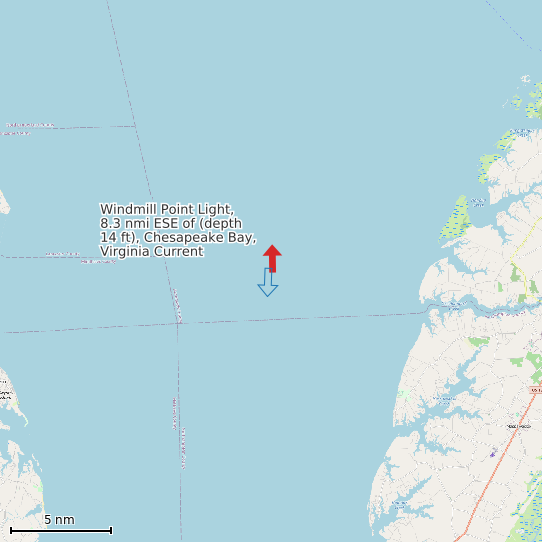 Map of Windmill Point Light, 8.3 nmi ESE of (depth 14 ft), Chesapeake Bay, Virginia Current Prediction Station