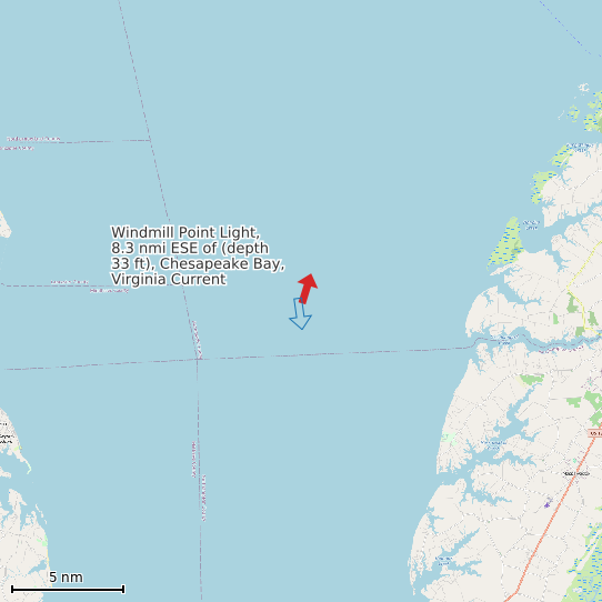Map of Windmill Point Light, 8.3 nmi ESE of (depth 33 ft), Chesapeake Bay, Virginia Current Prediction Station