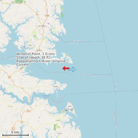 Map of Windmill Point, 1.0 nmi SSW of (depth 38 ft), Rappahannock River, Virginia Current Prediction Station