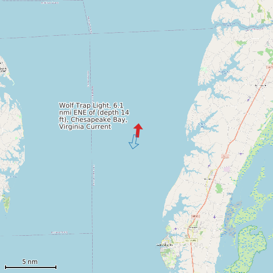 Map of Wolf Trap Light, 6.1 nmi ENE of (depth 14 ft), Chesapeake Bay, Virginia Current Prediction Station