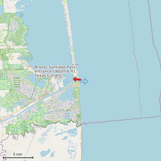 Map of Brazos Santiago Pass entrance (depth 6 ft), Texas Current Prediction Station