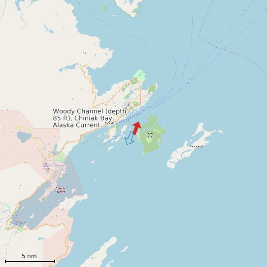 Map of Woody Channel (depth 85 ft), Chiniak Bay, Alaska Current Prediction Station