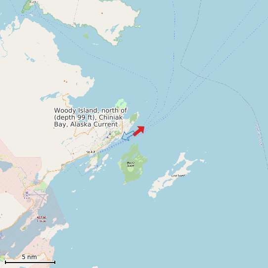 Map of Woody Island, north of (depth 99 ft), Chiniak Bay, Alaska Current Prediction Station