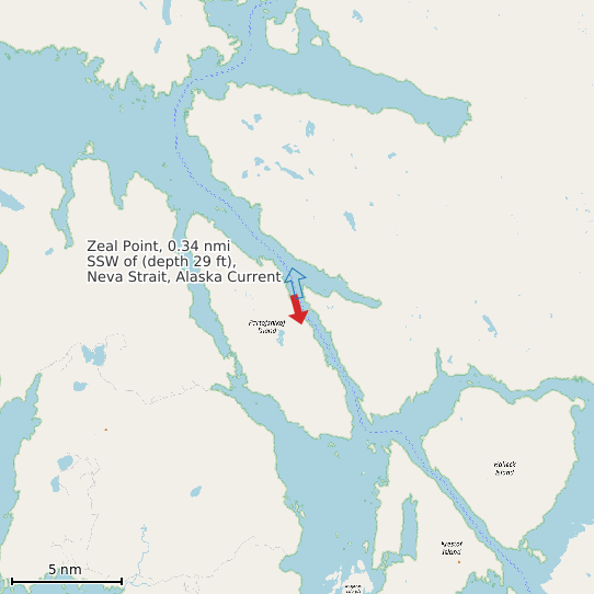 Map of Zeal Point, 0.34 nmi SSW of (depth 29 ft), Neva Strait, Alaska Current Prediction Station