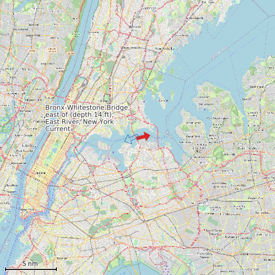Map of Bronx-Whitestone Bridge, east of (depth 14 ft), East River, New York Current Prediction Station