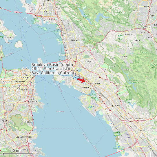 Map of Brooklyn Basin (depth 28 ft), San Francisco Bay, California Current Prediction Station