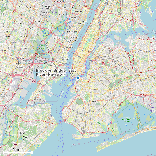 Map of Brooklyn Bridge, East River, New York Tide Prediction Station