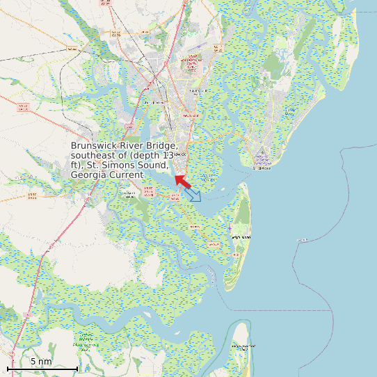 Map of Brunswick River Bridge, southeast of (depth 13 ft), St. Simons Sound, Georgia Current Prediction Station