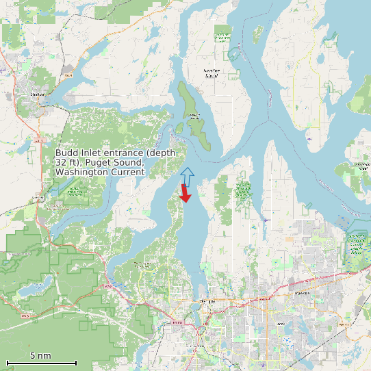 Map of Budd Inlet entrance (depth 32 ft), Puget Sound, Washington Current Prediction Station