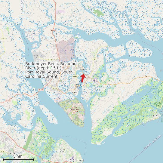 Map of Burkmeyer Bech, Beaufort River (depth 15 ft), Port Royal Sound, South Carolina Current Prediction Station