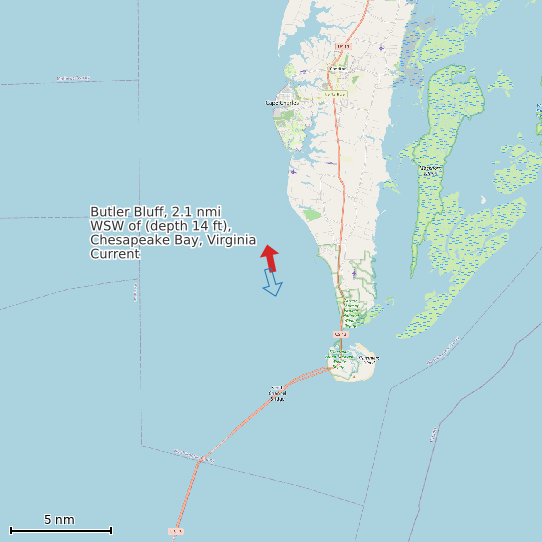 Map of Butler Bluff, 2.1 nmi WSW of (depth 14 ft), Chesapeake Bay, Virginia Current Prediction Station