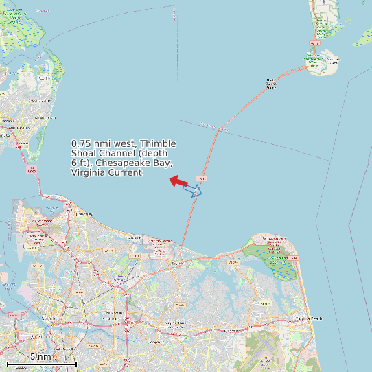 Map of 0.75 nmi west, Thimble Shoal Channel (depth 6 ft), Chesapeake Bay, Virginia Current Prediction Station