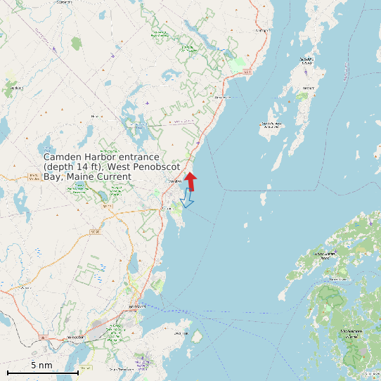 Map of Camden Harbor entrance (depth 14 ft), West Penobscot Bay, Maine Current Prediction Station