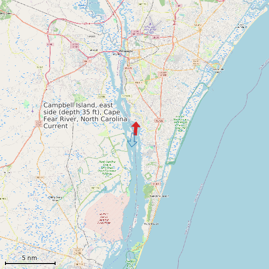 Map of Campbell Island, east side (depth 35 ft), Cape Fear River, North Carolina Current Prediction Station