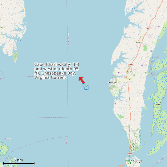 Map of Cape Charles City, 3.3 nmi west of (depth 95 ft), Chesapeake Bay, Virginia Current Prediction Station