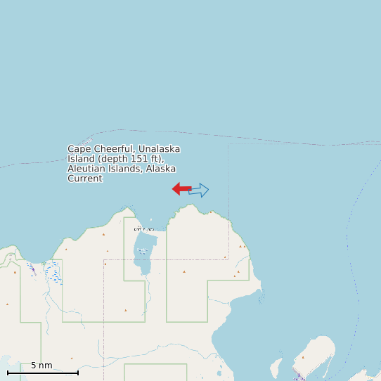 Map of Cape Cheerful, Unalaska Island (depth 151 ft), Aleutian Islands, Alaska Current Prediction Station