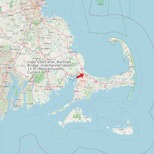 Map of Cape Cod Canal, Railroad Bridge, midchannel (depth 13 ft), Massachusetts Current Prediction Station