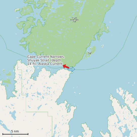 Map of Cape Current Narrows, Shuyak Strait (depth 14 ft), Alaska Current Prediction Station