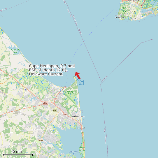 Map of Cape Henlopen, 0.7 nmi ESE of (depth 12 ft), Delaware Current Prediction Station