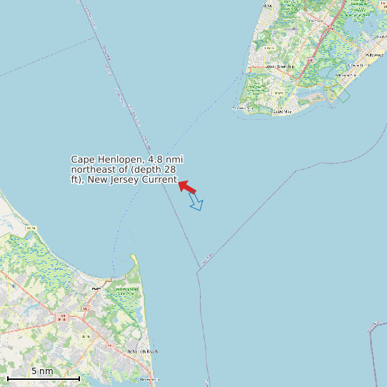 Map of Cape Henlopen, 4.8 nmi northeast of (depth 28 ft), New Jersey Current Prediction Station